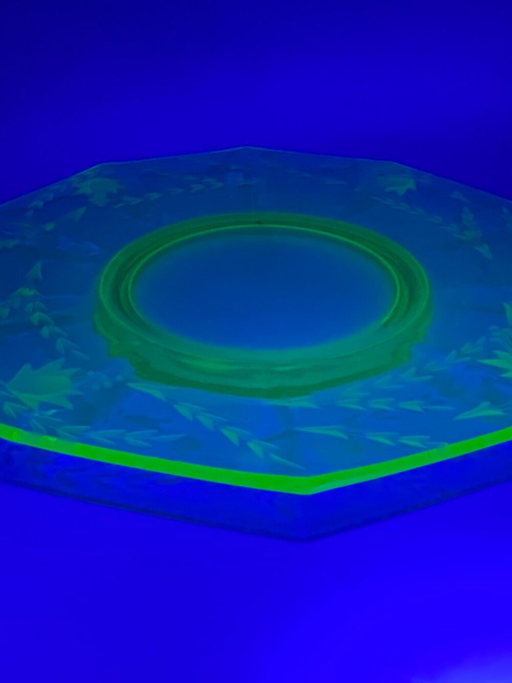 Antique Uranium Vaseline Glass Etched Floral Handled Serving Tray Glows